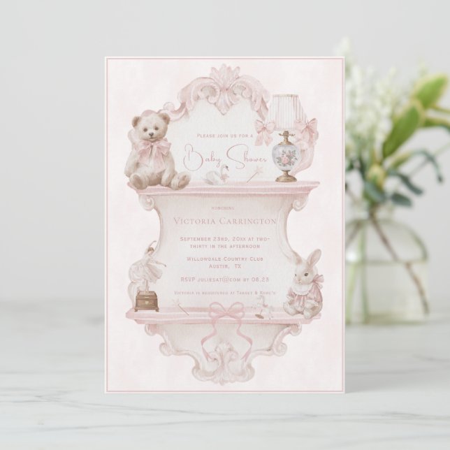 Rosa Elegant Vintage Baby Shower Inbjudningar (Stående Fram)