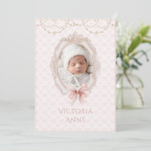 Rosa Elegant Vintage Bebis Flicka Födelse Tillkänn Inbjudningar