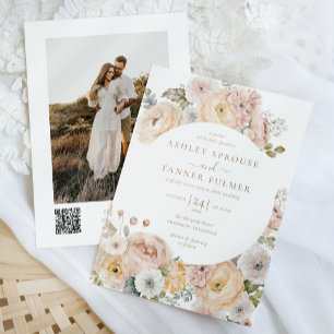 Rosa Elegant Vintage Blommigt QR-kod Foto Bröllop Inbjudningar