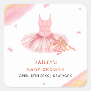 Rosa Elegant Watercolor Ballerina Girl Baby Shower Fyrkantigt Klistermärke