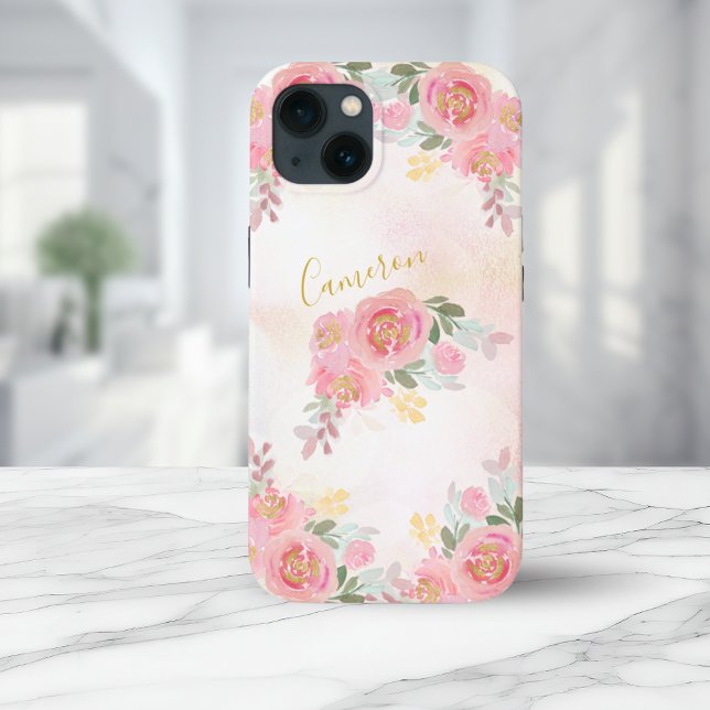  Rosa | Eleganten blommigt Ro Lägg till ditt namn (Blush Pink | Floral Roses Elegant Add Your Name Case-Mate iPhone Case)
