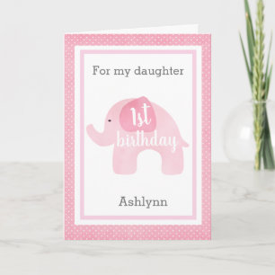 Rosa Elephant 1st Birthday Dotter Kort