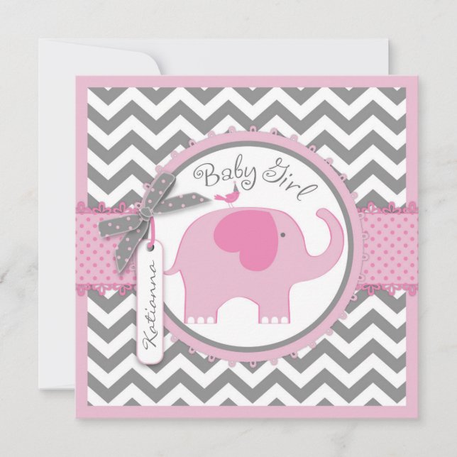 Rosa Elephant and Chevron Print Baby Shower Inbjudningar (Framsida)