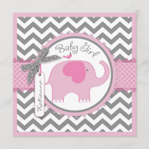 Rosa Elephant and Chevron Print Baby Shower Inbjudningar