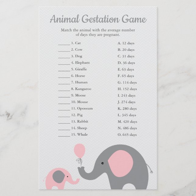 Rosa Elephant Animal Gestation Match Shower Game (Framsida)