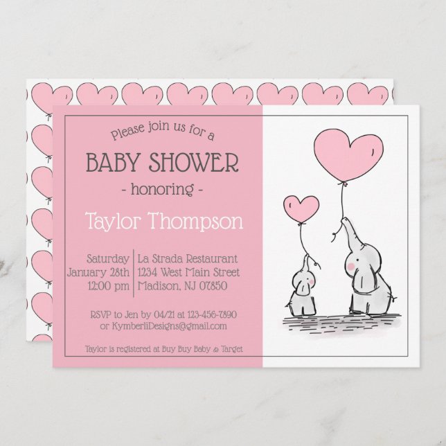 Rosa Elephant Baby-hjärtballong Inbjudan (Fram/baksida)