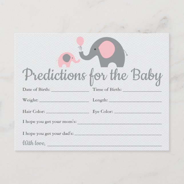 Rosa Elephant Baby Predictions Cards Baby Shower Inbjudan Vykort (Framsida)