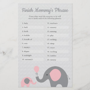 Rosa Elephant Baby Shower Avslutar Mamma fras Flygblad