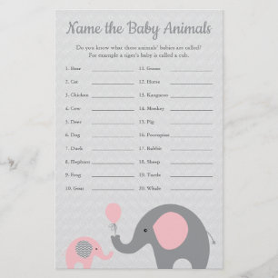 Rosa Elephant Baby Shower Baby djur Namn Flygblad