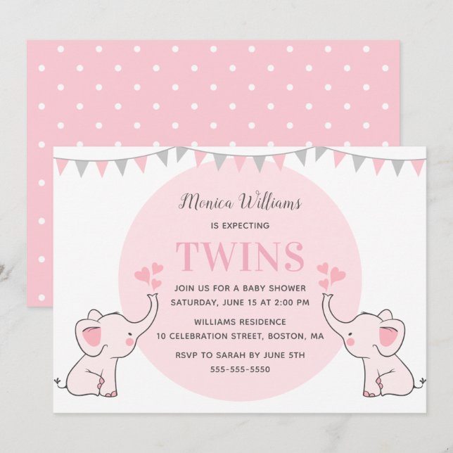 Rosa Elephant Baby Shower | Barnskor för Twillinga Inbjudningar (Fram/baksida)