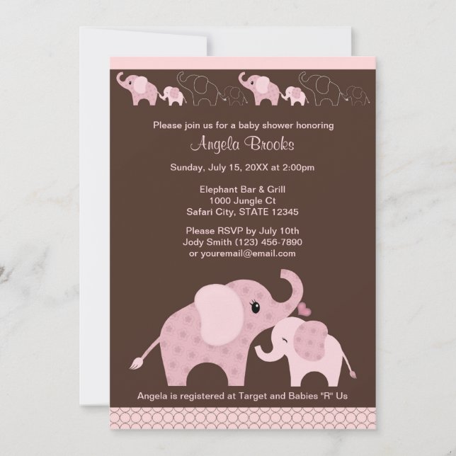 Rosa ELEPHANT Baby Shower bjudning CE-P Kiss Inbjudningar (Framsida)