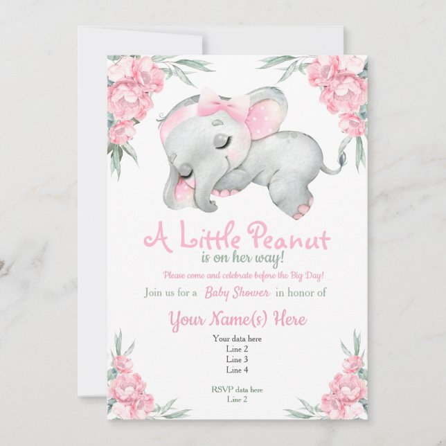 Rosa Elephant Baby Shower Blommigt söt rustik Inbjudningar (Framsida)