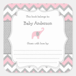 Rosa Elephant Baby Shower-bokmärke bok Fyrkantigt Klistermärke