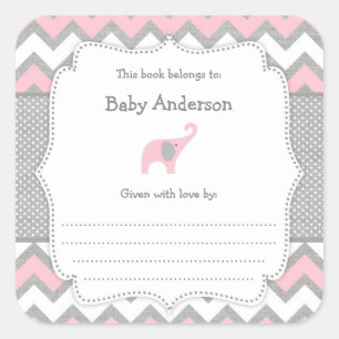 Rosa Elephant Baby Shower-bokmärke bok Fyrkantigt Klistermärke