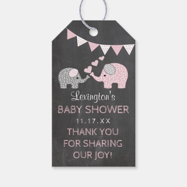 Rosa Elephant Baby Shower Chalk-Tack Presentetikett (Framsidan)