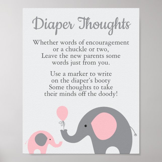 Rosa Elephant Baby Shower Diaper Thoughts Sign Poster (Framsidan)