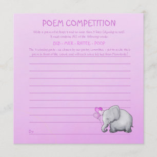 Rosa Elephant Baby Shower Dikt Competition Game Inbjudningar