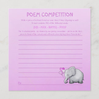 Rosa Elephant Baby Shower Dikt Competition Game Inbjudningar