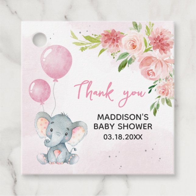  Rosa Elephant Baby Shower Gåvor Etiketter (Framsida)