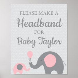 Rosa Elephant Baby Shower Headband-tecken Poster