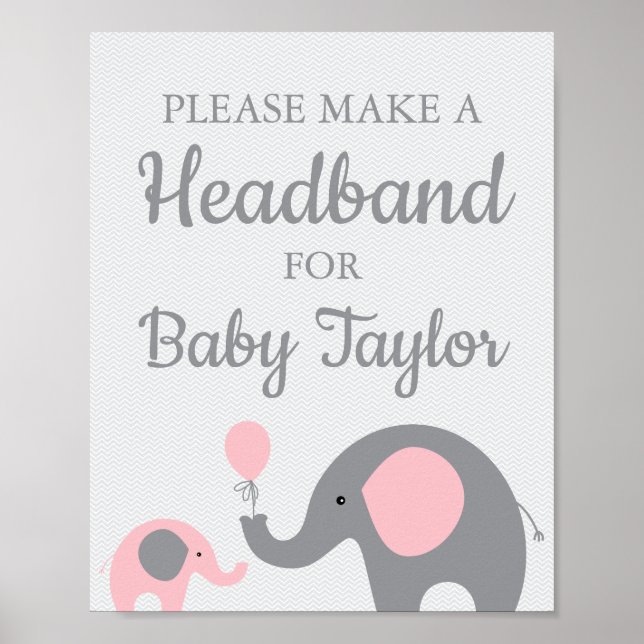Rosa Elephant Baby Shower Headband-tecken Poster (Framsidan)