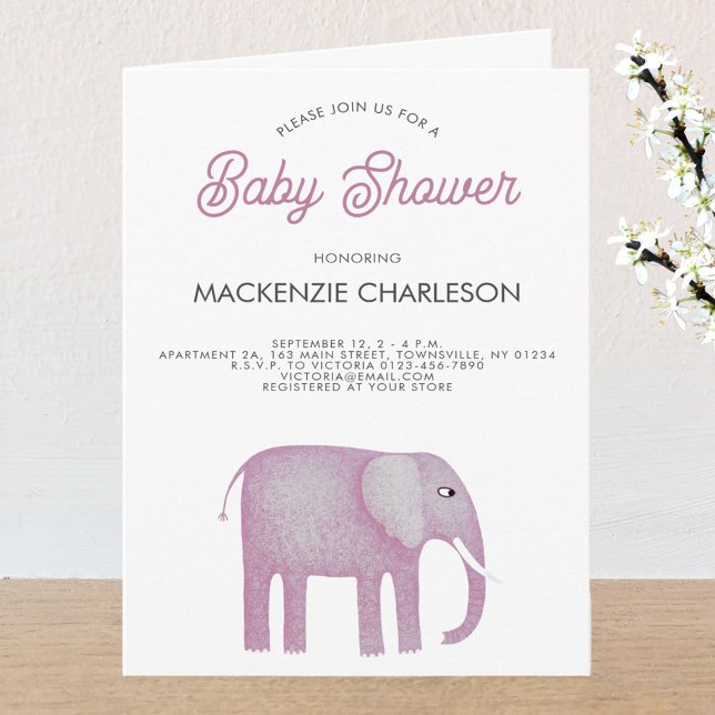Rosa Elephant Baby Shower Inbjudan (Pink watercolor elephant baby shower folded invitation)