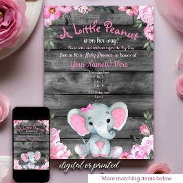 Rosa Elephant Baby Shower-inbjudan, rustik Girl Inbjudningar