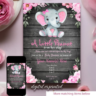 Rosa Elephant Baby Shower-inbjudan, rustik Inbjudningar