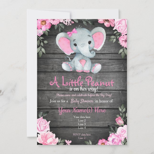 Rosa Elephant Baby Shower-inbjudan, rustik Inbjudningar (Framsida)