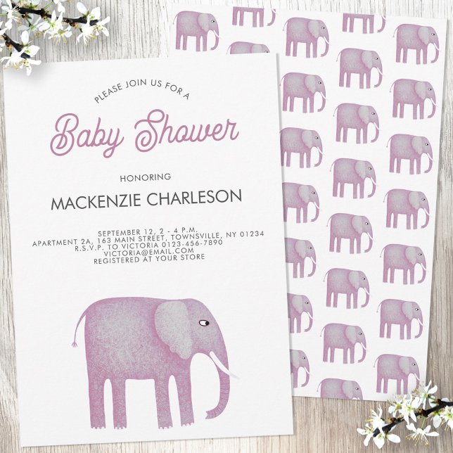Rosa Elephant Baby Shower Inbjudningar (Pink watercolor elephant baby girl shower invitation)