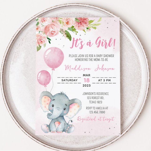  Rosa Elephant Baby Shower Inbjudningar (Pink Floral Baby Elephant Baby Shower Invitation)