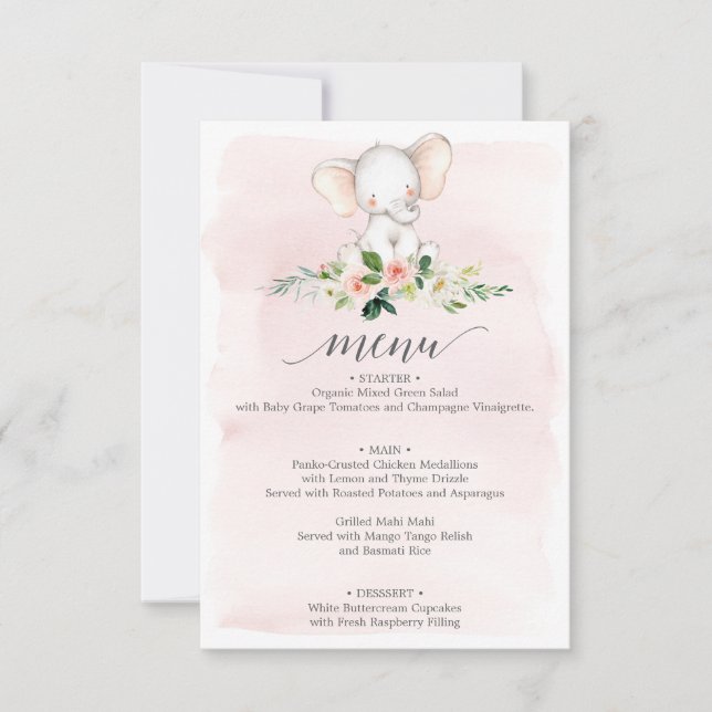 Rosa Elephant Baby Shower Menu Inbjudningar (Framsida)