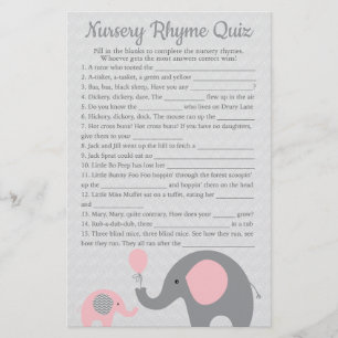 Rosa Elephant Baby Shower Nursery Rhyme Quiz-spel Flygblad