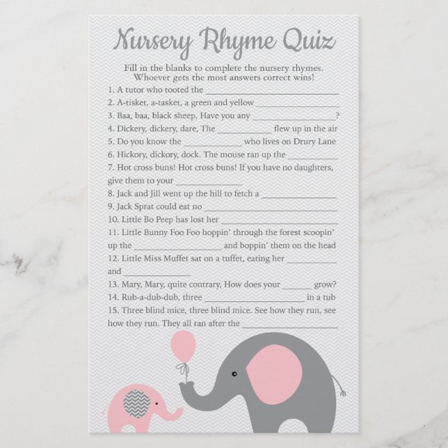 Rosa Elephant Baby Shower Nursery Rhyme Quiz-spel Flygblad (Framsidan)