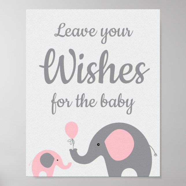 Rosa Elephant Baby Shower Önskemål för Baby-tecken Poster (Framsidan)