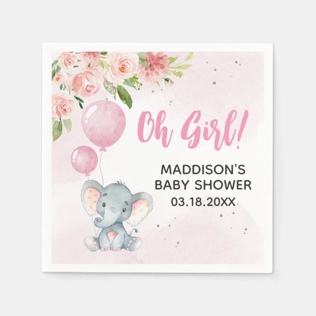  Rosa Elephant Baby Shower Pappersservett (Framsidan)