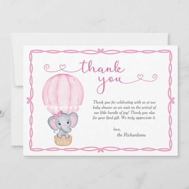 Rosa Elephant Baby Shower Tack Kort (Framsida)