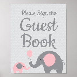 Rosa Elephant Baby Shower undertecknar gästskylten Poster