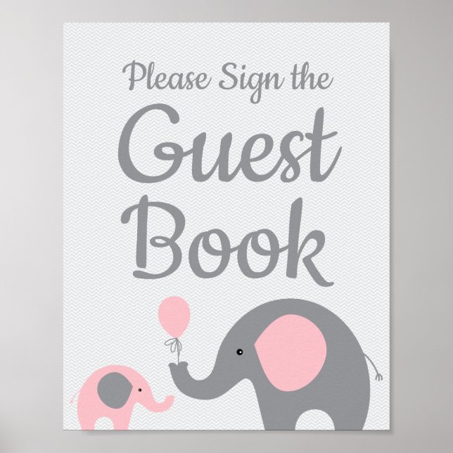 Rosa Elephant Baby Shower undertecknar gästskylten Poster (Framsidan)