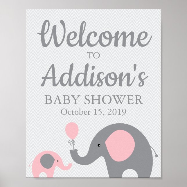 Rosa Elephant Baby Shower Välkomstskylt Poster (Framsidan)