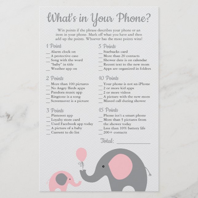 Rosa Elephant Baby Shower What's in Your Mobil Flygblad (Framsidan)