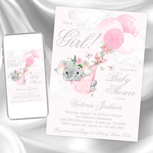  Rosa Elephant Balloons Butterfly Baby Shower Inbjudningar (Girl elephant baby shower invitation. Instant download and printed invitations available.)