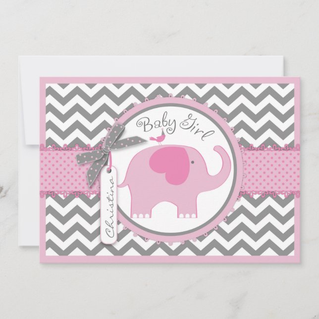 Rosa Elephant Bird and Chevron Print Baby Shower Inbjudningar (Framsida)