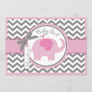 Rosa Elephant Bird and Chevron Print Baby Shower Inbjudningar