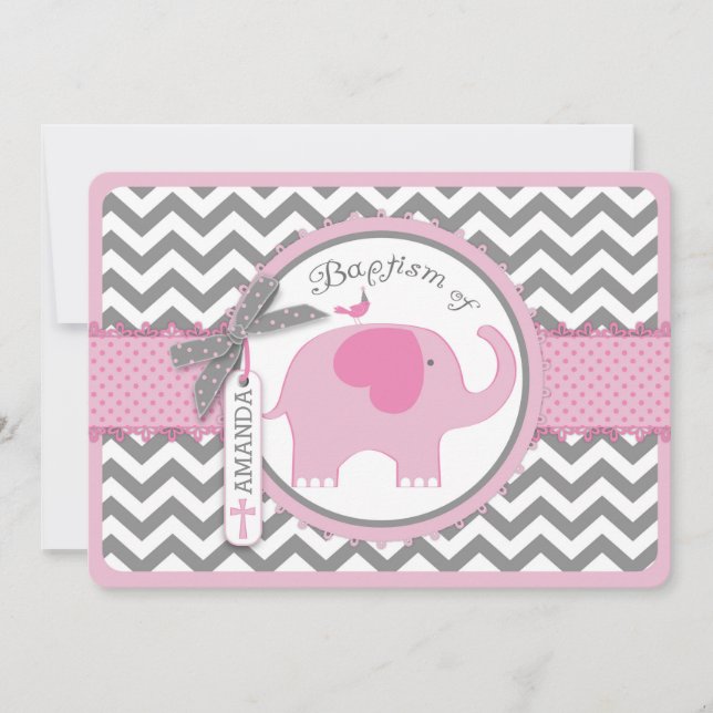 Rosa Elephant Bird and Chevron Print Baptism Inbjudningar (Framsida)