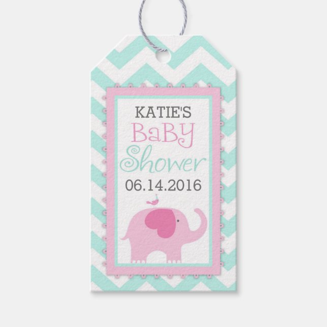 Rosa Elephant Bird Chevron Baby Shower Presentetikett (Framsidan)