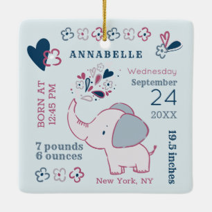 Rosa Elephant Birth Stats Baby Första jul Julgransprydnad Keramik