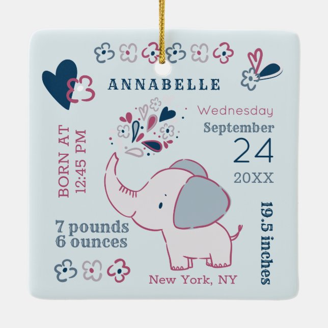 Rosa Elephant Birth Stats Baby Första jul Julgransprydnad Keramik (Baksida)