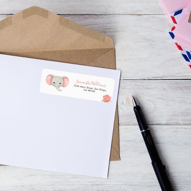 Rosa Elephant Blommigt Baby Shower Returadress La Returadress Etikett (Skapare uppladdad)