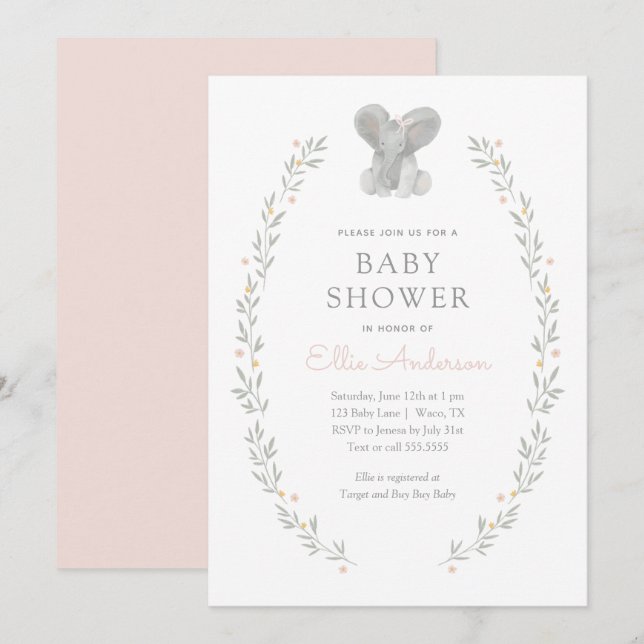 Rosa Elephant Blommigt Greenery Girl Baby Shower Inbjudningar (Fram/baksida)